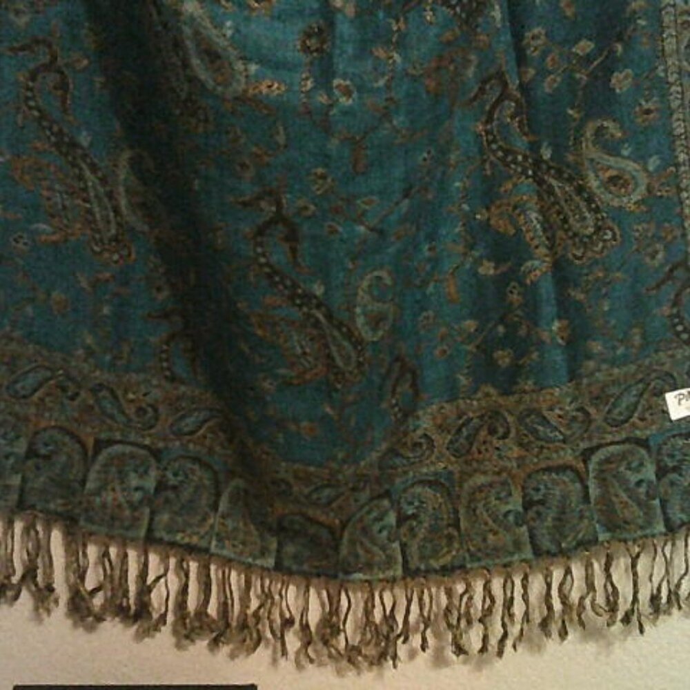 Teal Paisley Pashmina Silk Blend Scarf Shawl Wrap Boho Fringe 60” - Picture 5 of 7